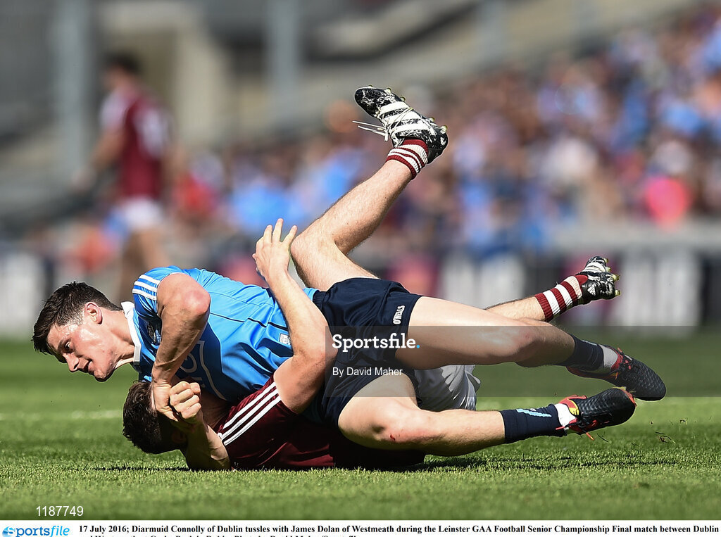 17 July 2016; Diarmuid Connolly of Dublin tussles with James Dolan of Westmeath during the Leinster GAA Football Senior Championship Final match between Dublin and Westmeath at Croke Park in Dubin. Photo by David Maher/Sportsfile