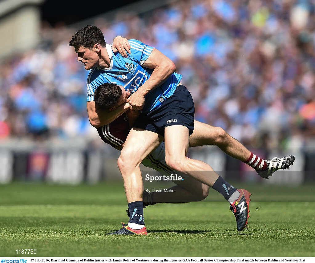 17 July 2016; Diarmuid Connolly of Dublin tussles with James Dolan of Westmeath during the Leinster GAA Football Senior Championship Final match between Dublin and Westmeath at Croke Park in Dubin. Photo by David Maher/Sportsfile