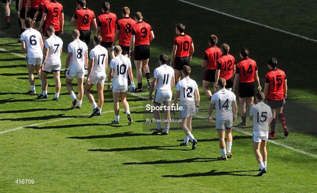29 August 2010; The Kildare and Down teams march in the pre-match parade before the game. GAA Football All-Ireland Senior Championship Semi-Final, Kildare v Down, Croke Park, Dublin. Picture credit: Brendan Moran / SPORTSFILE