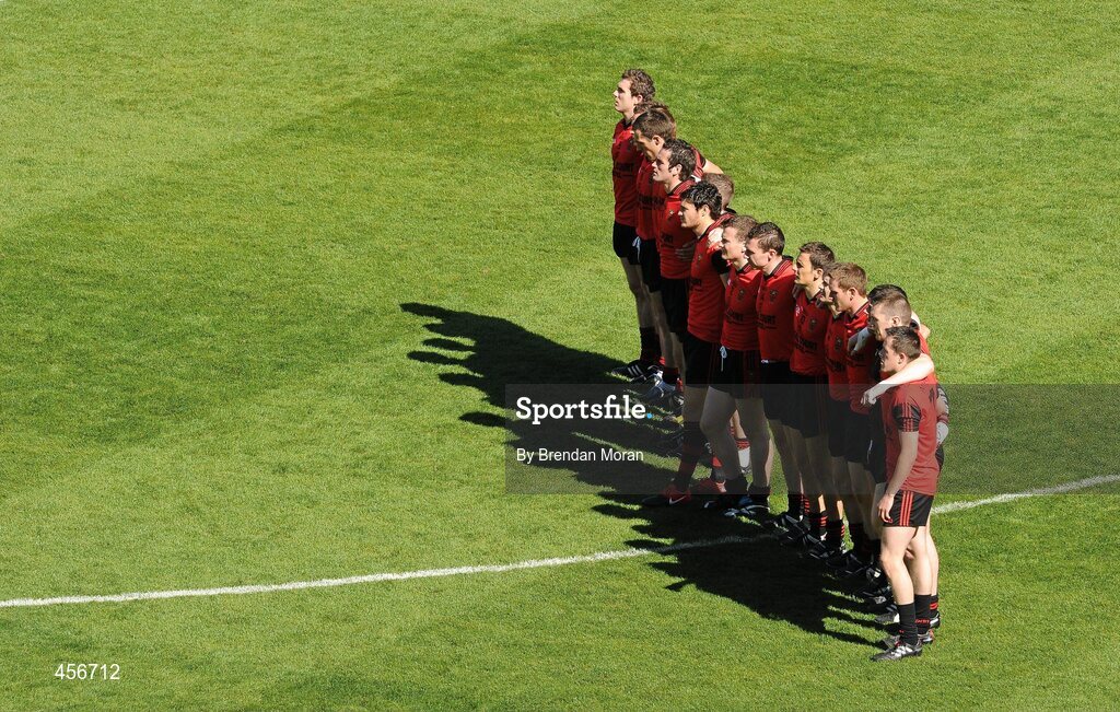 29 August 2010; The Down team stand for the national anthem before the game. GAA Football All-Ireland Senior Championship Semi-Final, Kildare v Down, Croke Park, Dublin. Picture credit: Brendan Moran / SPORTSFILE
