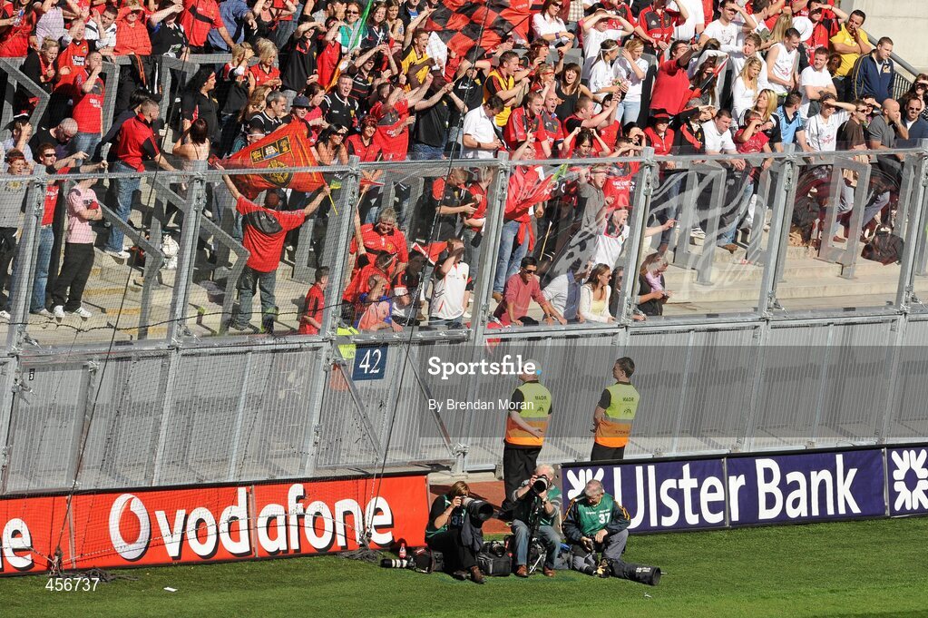 29 August 2010; Down supporters cheer on their side from behind the new fencing on Hill 16. GAA Football All-Ireland Senior Championship Semi-Final, Kildare v Down, Croke Park, Dublin. Picture credit: Brendan Moran / SPORTSFILE