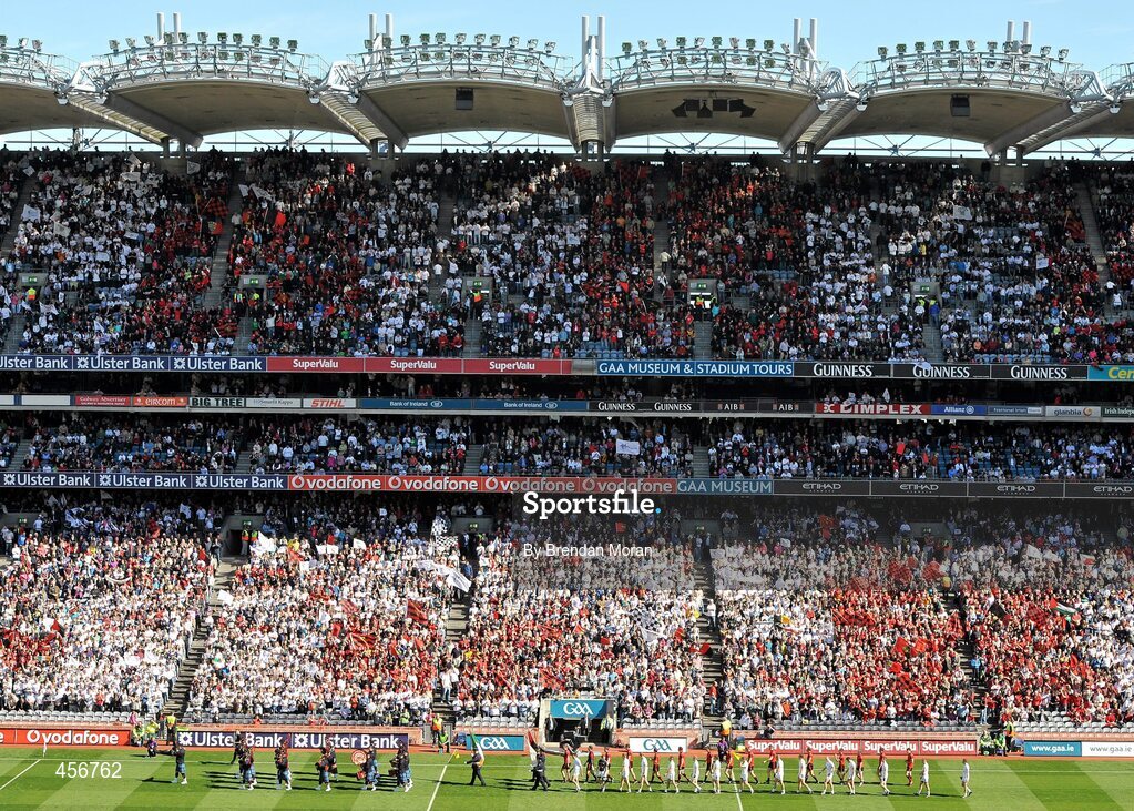 29 August 2010; The Down and Kildare teams walk behind the Dublin Fire Brigade band during the pre-match parade. GAA Football All-Ireland Senior Championship Semi-Final, Kildare v Down, Croke Park, Dublin. Picture credit: Brendan Moran / SPORTSFILE