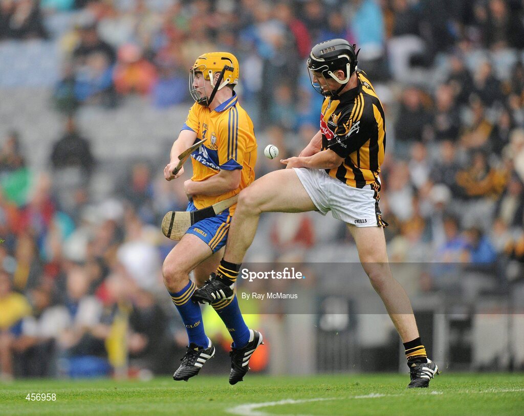 5 September 2010; Niall Arthur, Clare, is tackled by Willie Phelan, Kilkenny, who was later shown a yellow card. ESB GAA Hurling All-Ireland Minor Championship Final, Kilkenny v Clare, Croke Park, Dublin. Picture credit: Ray McManus / SPORTSFILE