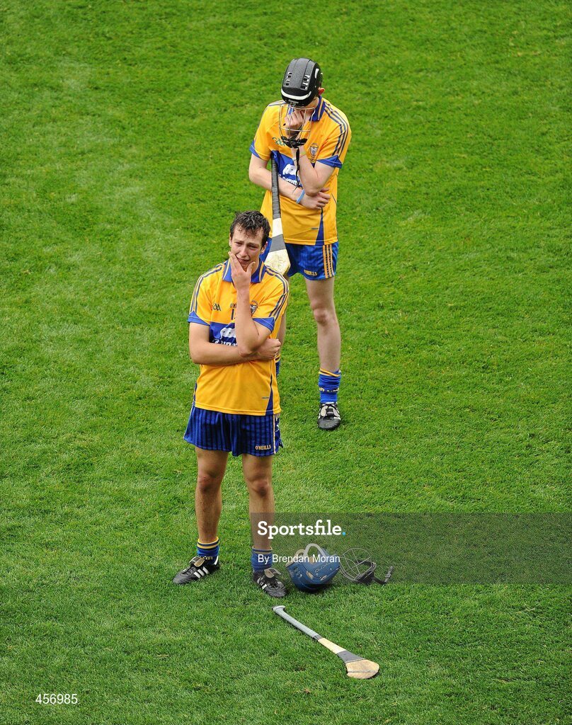 5 September 2010; Dejected Clare players Dáire Keane, front, and Alan Mulready after the final whistle. ESB GAA Hurling All-Ireland Minor Championship Final, Kilkenny v Clare, Croke Park, Dublin. Picture credit: Brendan Moran / SPORTSFILE