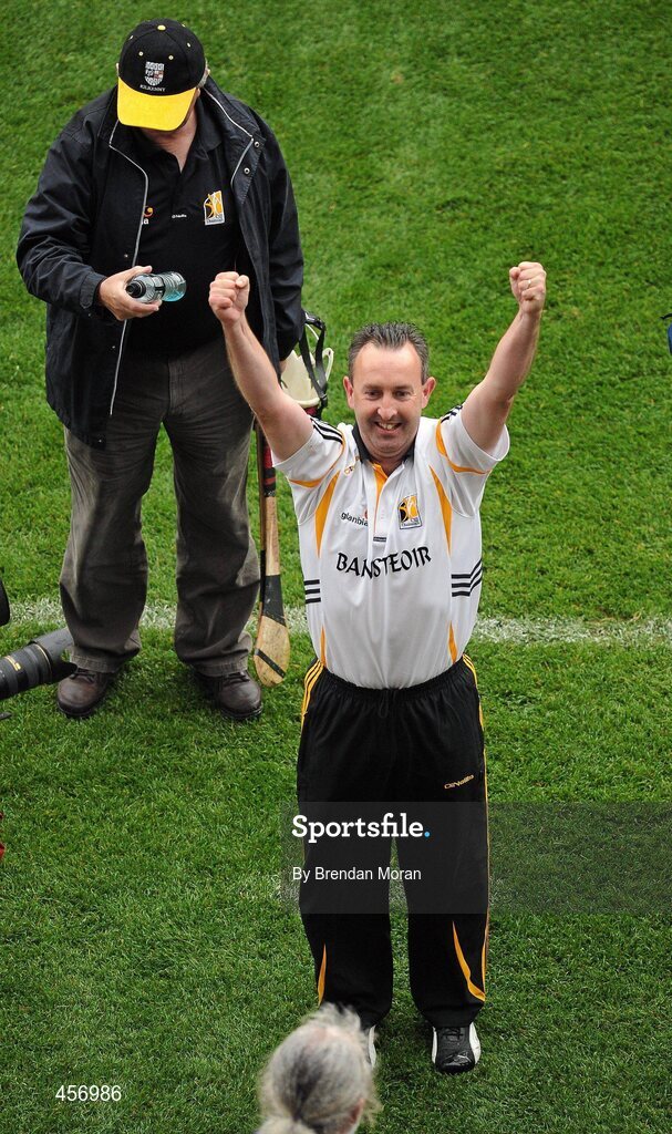 5 September 2010; Kilkenny manager Richie Mulrooney celebrates as his team lift the Irish Press Cup. ESB GAA Hurling All-Ireland Minor Championship Final, Kilkenny v Clare, Croke Park, Dublin. Picture credit: Brendan Moran / SPORTSFILE