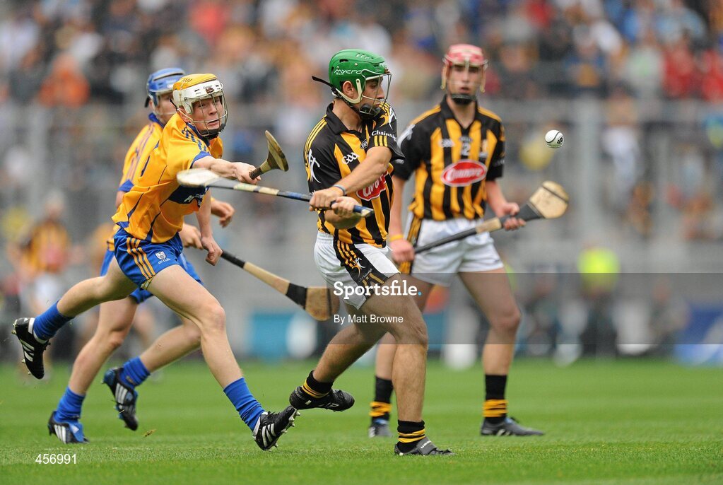 5 September 2010; Jason Corcoran, Kilkenny, in action against Aaron Cunningham, Clare. ESB GAA Hurling All-Ireland Minor Championship Final, Kilkenny v Clare, Croke Park, Dublin. Picture credit: Matt Browne / SPORTSFILE
