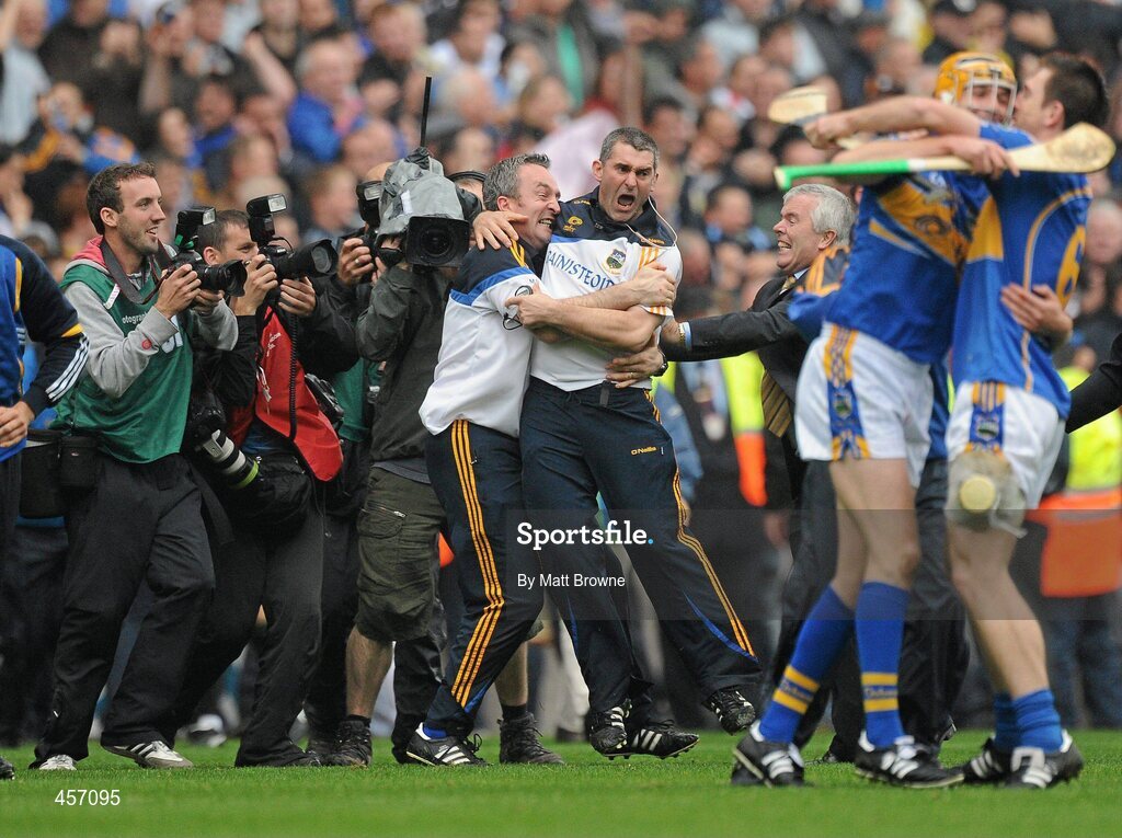 5 September 2010; Tipperary manager Liam Sheedy, right, celebrates with trainer Michael Ryan after the final whistle. GAA Hurling All-Ireland Senior Championship Final, Kilkenny v Tipperary, Croke Park, Dublin. Picture credit: Matt Browne / SPORTSFILE