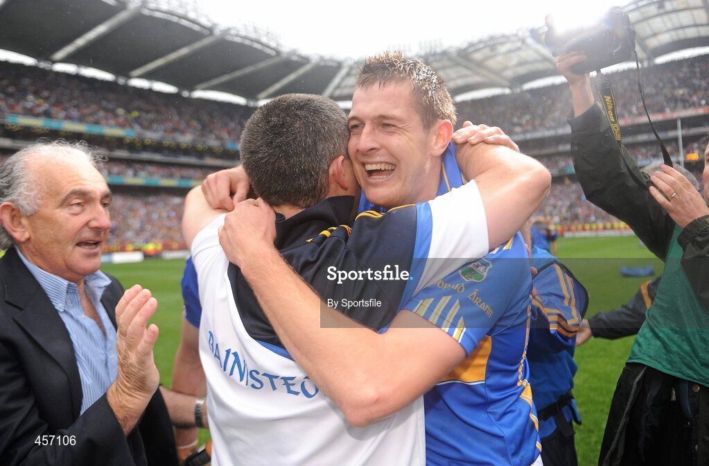 5 September 2010; Seamus Callanan, Tipperary, celebrates with manager Liam Sheedy at the end of the game. GAA Hurling All-Ireland Senior Championship Final, Kilkenny v Tipperary, Croke Park, Dublin. Photo by Sportsfile