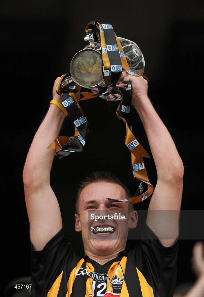 5 September 2010; Kilkenny captain Cillian Buckley lifts the Irish Press Cup aloft. ESB GAA Hurling All-Ireland Minor Championship Final, Kilkenny v Clare, Croke Park, Dublin. Photo by Sportsfile