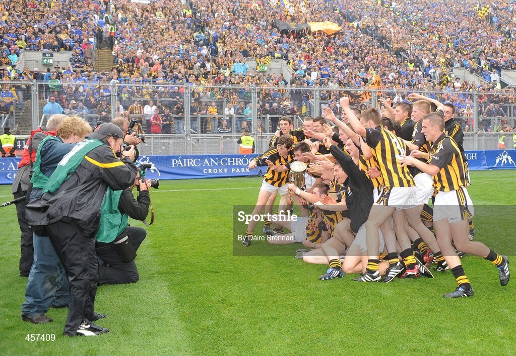 5 September 2010; Photographers take the Kilkenny team celebrating with the Irish Press Cup in front of Hill 16 after the game. ESB GAA Hurling All-Ireland Minor Championship Final, Kilkenny v Clare. Picture credit: Dáire Brennan / SPORTSFILE