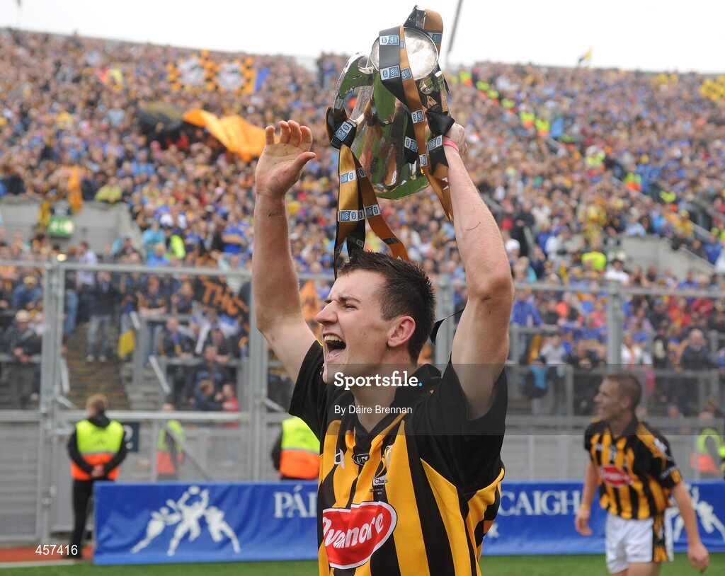 5 September 2010; Ollie Walsh, Kilkenny, celebrates after the game with the Irish Press Cup in front of Hill 16. ESB GAA Hurling All-Ireland Minor Championship Final, Kilkenny v Clare. Picture credit: Dáire Brennan / SPORTSFILE