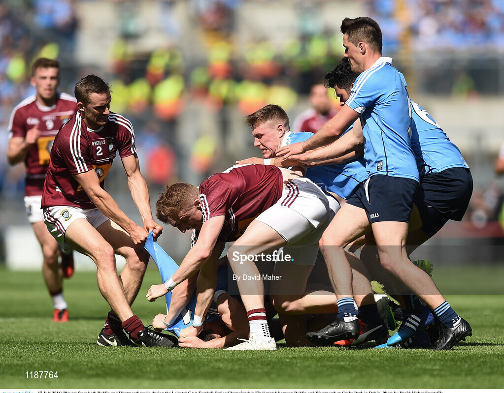 17 July 2016; Players from both Dublin and Westmeath tussle during the Leinster GAA Football Senior Championship Final match between Dublin and Westmeath at Croke Park in Dubin. Photo by David Maher/Sportsfile