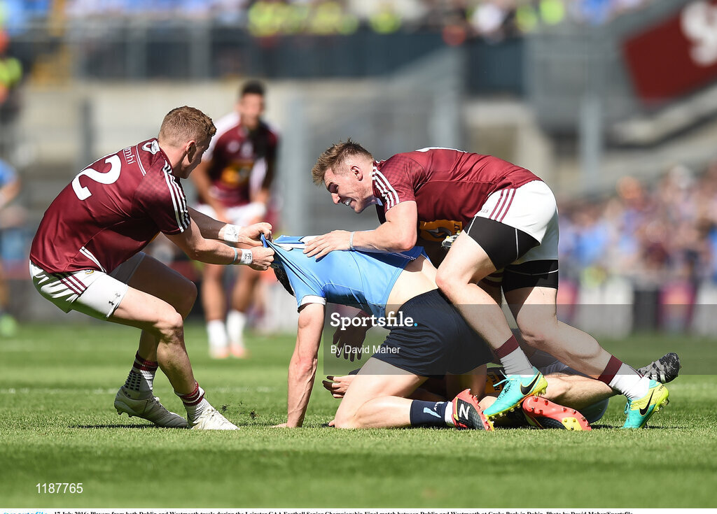 17 July 2016; Players from both Dublin and Westmeath tussle during the Leinster GAA Football Senior Championship Final match between Dublin and Westmeath at Croke Park in Dubin. Photo by David Maher/Sportsfile