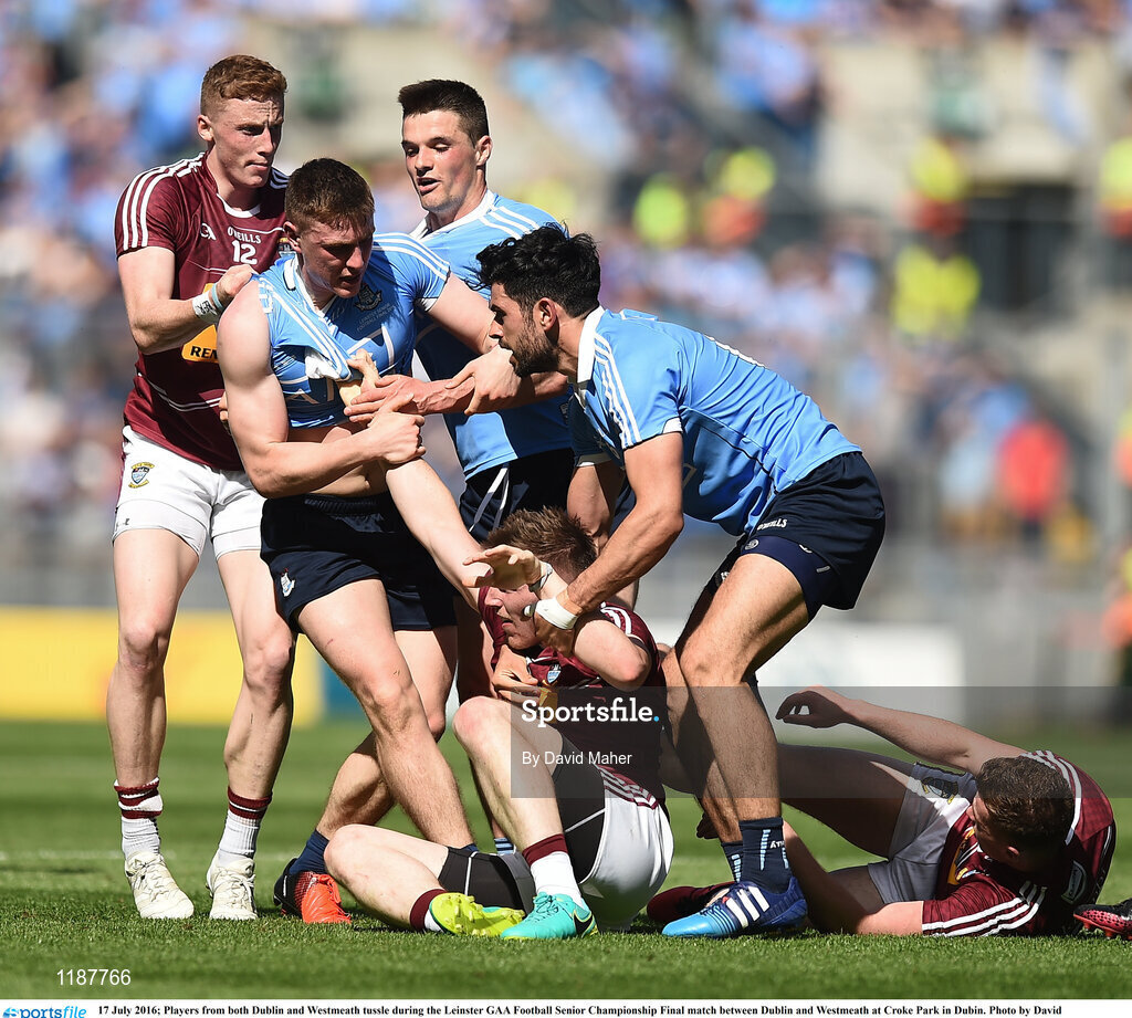 17 July 2016; Players from both Dublin and Westmeath tussle during the Leinster GAA Football Senior Championship Final match between Dublin and Westmeath at Croke Park in Dubin. Photo by David Maher/Sportsfile
