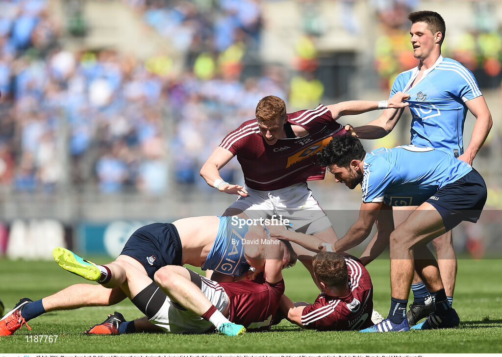 17 July 2016; Players from both Dublin and Westmeath tussle during the Leinster GAA Football Senior Championship Final match between Dublin and Westmeath at Croke Park in Dubin. Photo by David Maher/Sportsfile
