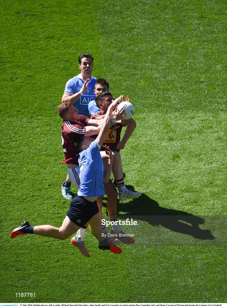 17 July 2016; Dublin players, left to right, Michael Darragh MacAuley, John Small, and Eric Lowndes in action against Ray Connellan, left, and Denis Corroon of Westmeath during the Leinster GAA Football Senior Championship Final match between Dublin and Westmeath at Croke Park in Dubin. Photo by Daire Brennan/Sportsfile