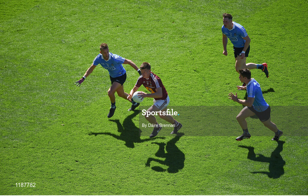 17 July 2016; John Heslin of Westmeath in action against Dublin players, left to right, John Cooper, Philip McMahon, and David Byrne, during the Leinster GAA Football Senior Championship Final match between Dublin and Westmeath at Croke Park in Dubin. Photo by Daire Brennan/Sportsfile