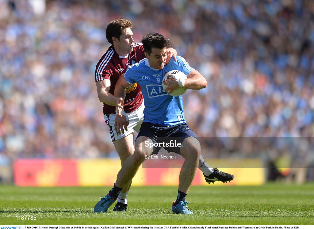 17 July 2016; Michael Darragh Macauley of Dublin in action against Callum McCormack of Westmeath during the Leinster GAA Football Senior Championship Final match between Dublin and Westmeath at Croke Park in Dubin. Photo by Eóin Noonan/Sportsfile