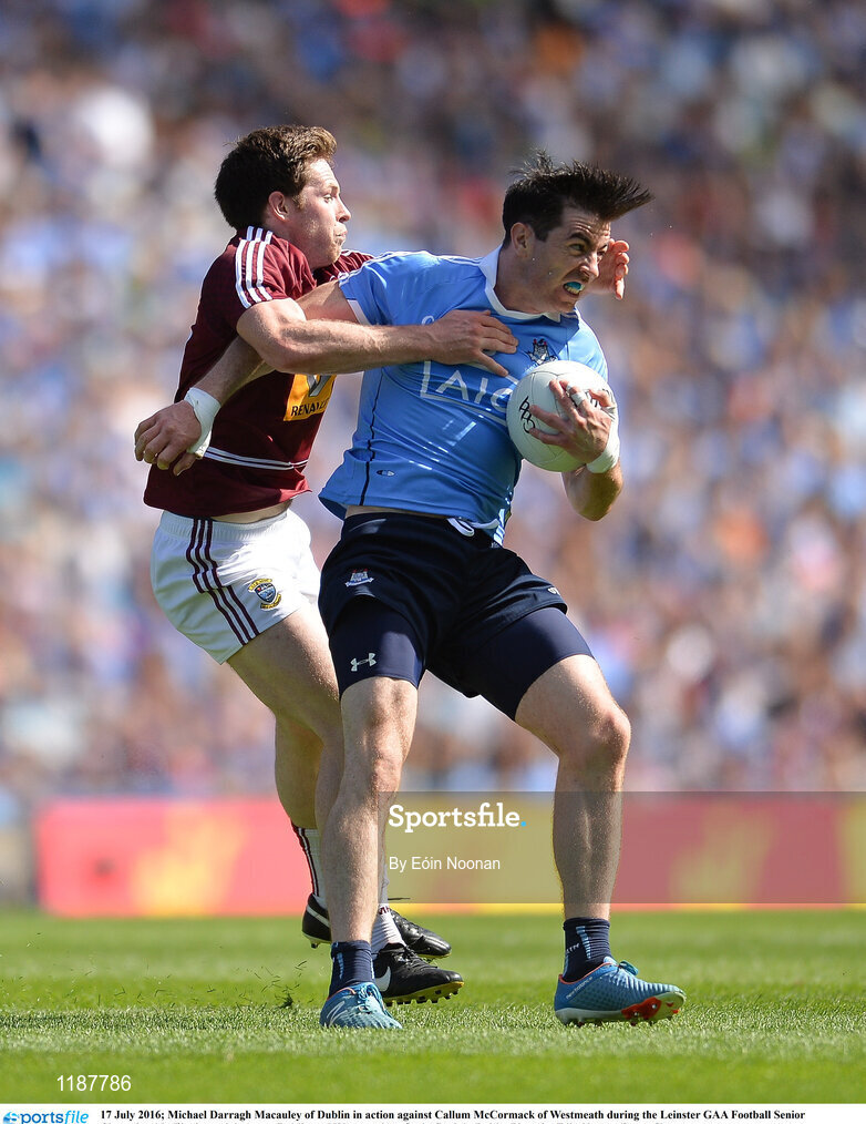 17 July 2016; Michael Darragh Macauley of Dublin in action against Callum McCormack of Westmeath during the Leinster GAA Football Senior Championship Final match between Dublin and Westmeath at Croke Park in Dubin. Photo by Eóin Noonan/Sportsfile