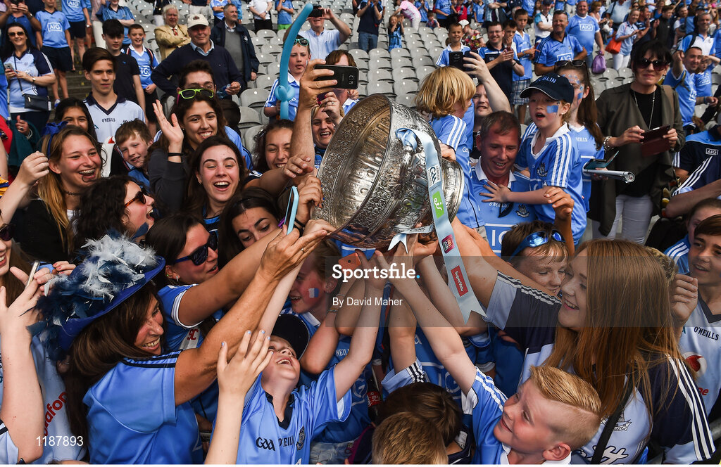 17 July 2016; Dublin supporters celebrate at the end of the game with the Delaney Cup following the Leinster GAA Football Senior Championship Final match between Dublin and Westmeath at Croke Park in Dubin. Photo by David Maher/Sportsfile