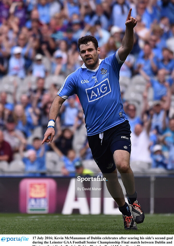 17 July 2016; Kevin McManamon of Dublin celebrates after scoring his side's second goal during the Leinster GAA Football Senior Championship Final match between Dublin and Westmeath at Croke Park in Dubin. Photo by David Maher/Sportsfile