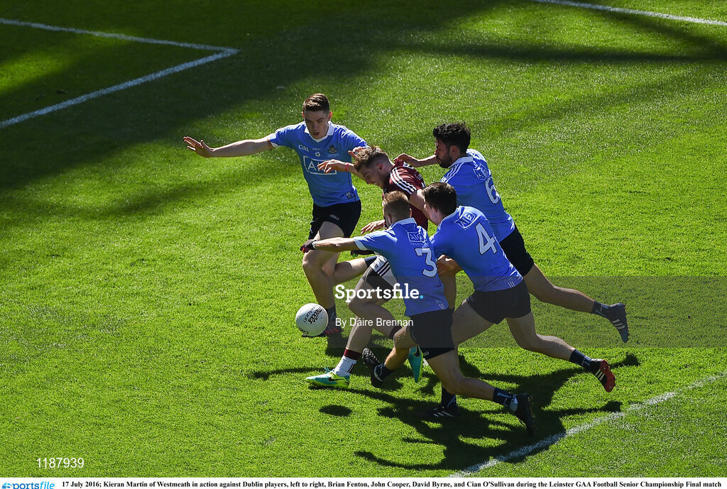 17 July 2016; Kieran Martin of Westmeath in action against Dublin players, left to right, Brian Fenton, John Cooper, David Byrne, and Cian O'Sullivan during the Leinster GAA Football Senior Championship Final match between Dublin and Westmeath at Croke Park in Dubin. Photo by Daire Brennan/Sportsfile