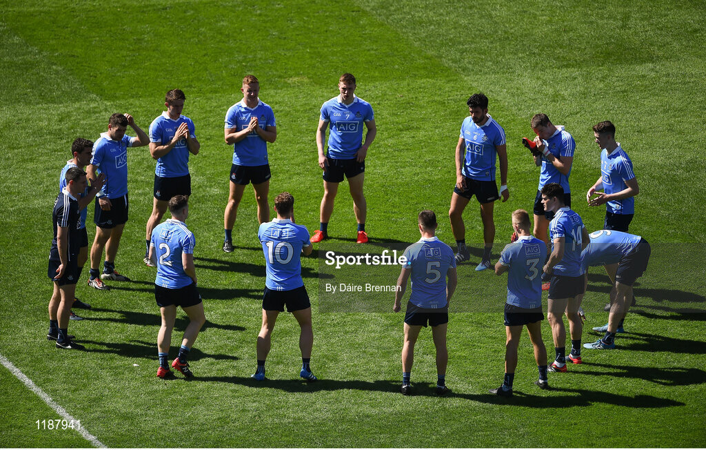 17 July 2016; The Dublin team during their warm-up before the Leinster GAA Football Senior Championship Final match between Dublin and Westmeath at Croke Park in Dubin. Photo by Daire Brennan/Sportsfile