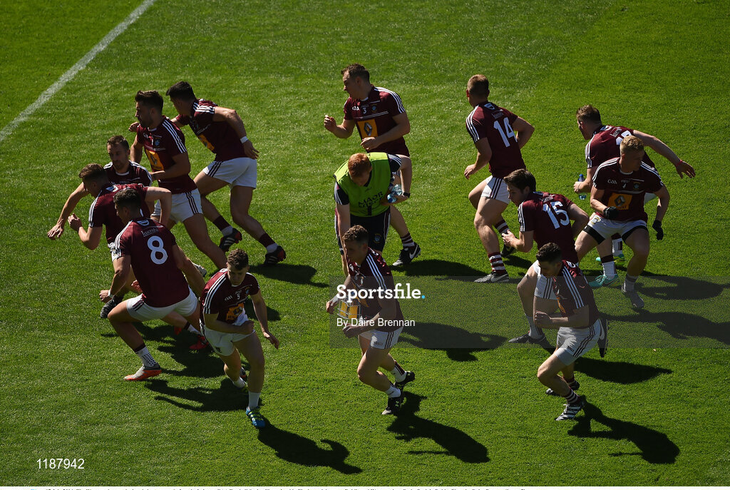 17 July 2016; The Westmeath team during their warm-up before the Leinster GAA Football Senior Championship Final match between Dublin and Westmeath at Croke Park in Dubin. Photo by Daire Brennan/Sportsfile