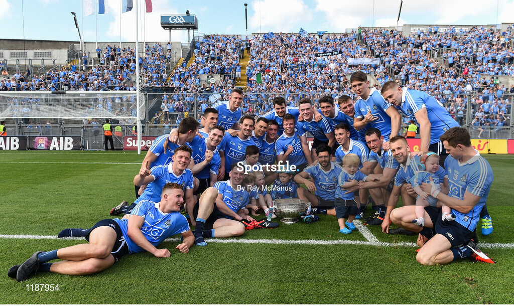17 July 2016; Members of the Dublin squad celebrate in front of Hill 16 after the Leinster GAA Football Senior Championship Final match between Dublin and Westmeath at Croke Park in Dubin. Photo by Ray McManus/Sportsfile