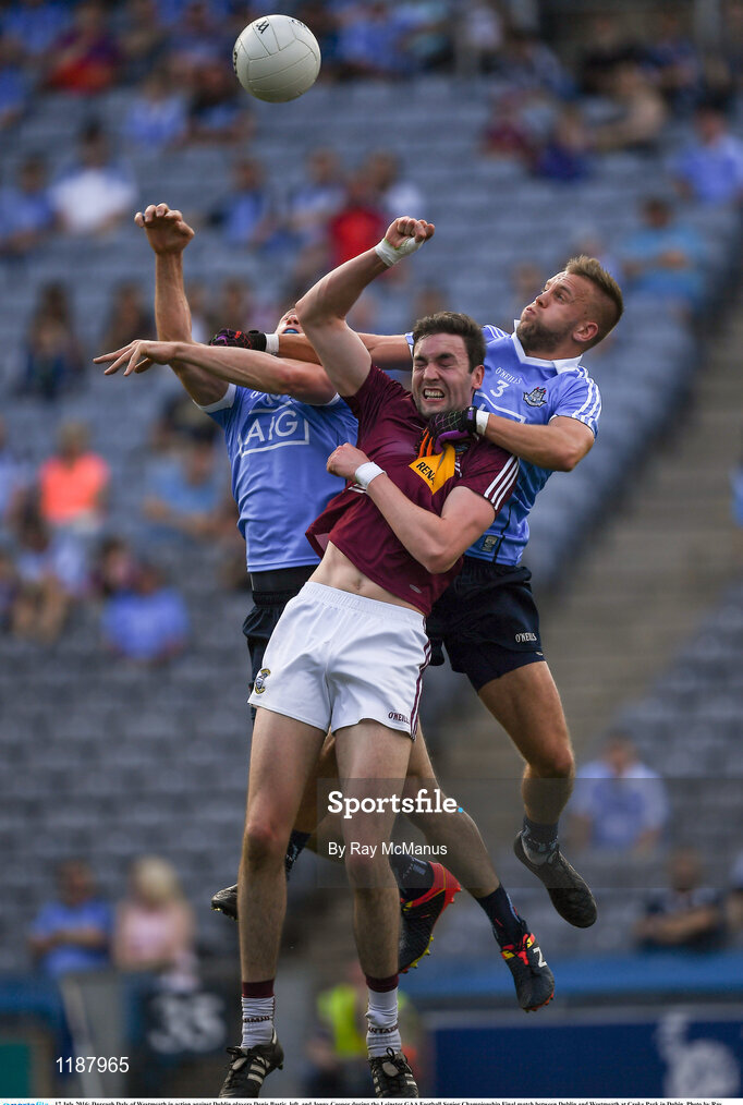 17 July 2016; Darragh Daly of Westmeath in action against Dublin players Denis Bastic, left, and Jonny Cooper during the Leinster GAA Football Senior Championship Final match between Dublin and Westmeath at Croke Park in Dubin. Photo by Ray McManus/Sportsfile