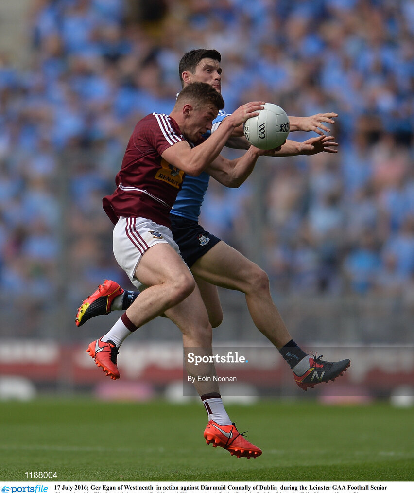 17 July 2016; Ger Egan of Westmeath  in action against Diarmuid Connolly of Dublin  during the Leinster GAA Football Senior Championship Final match between Dublin and Westmeath at Croke Park in Dubin. Photo by Eóin Noonan/Sportsfile
