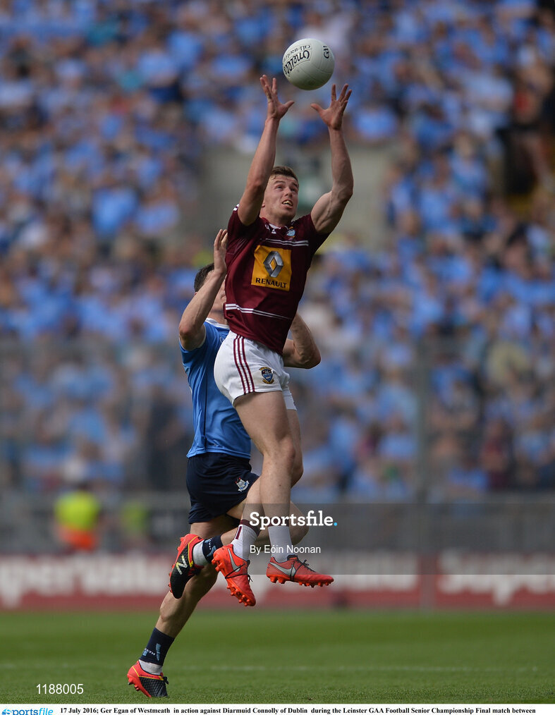 17 July 2016; Ger Egan of Westmeath  in action against Diarmuid Connolly of Dublin  during the Leinster GAA Football Senior Championship Final match between Dublin and Westmeath at Croke Park in Dubin. Photo by Eóin Noonan/Sportsfile