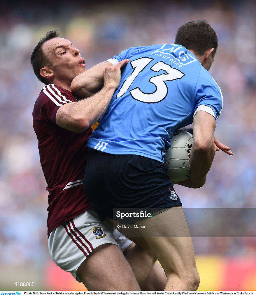 17 July 2016; Dean Rock of Dublin in action against Francis Boyle of Westmeath during the Leinster GAA Football Senior Championship Final match between Dublin and Westmeath at Croke Park in Dubin. Photo by David Maher/Sportsfile