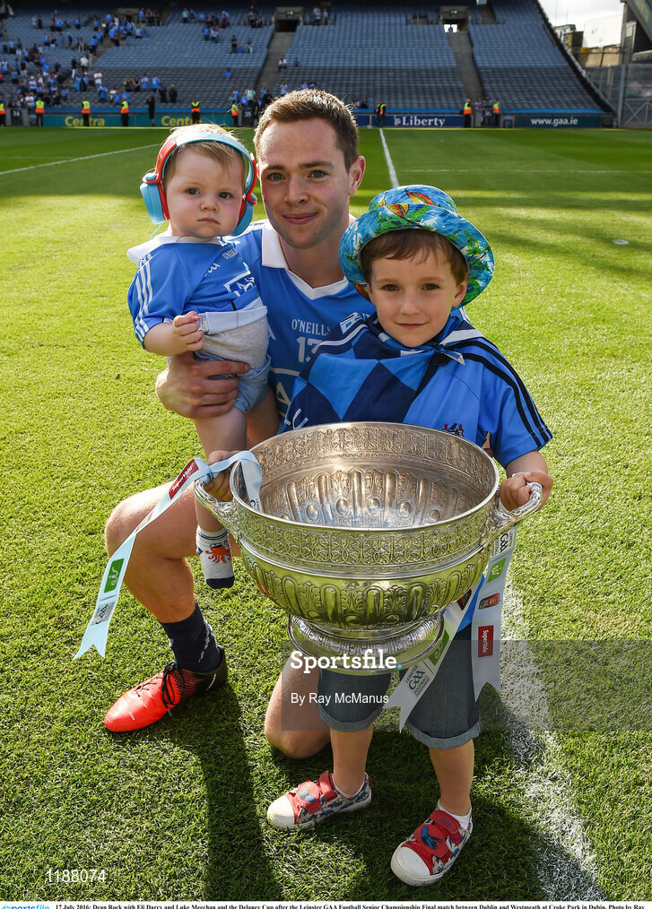 17 July 2016; Dean Rock with Eli Darcy and Luke Meechan and the Delaney Cup after the Leinster GAA Football Senior Championship Final match between Dublin and Westmeath at Croke Park in Dubin. Photo by Ray McManus/Sportsfile