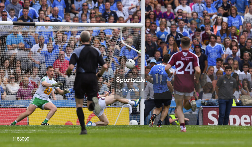 17 July 2016; Kevin McManamon, 11, shoots past Darren Quinn in the Westmeath goal to score Dublin's second goal during the Leinster GAA Football Senior Championship Final match between Dublin and Westmeath at Croke Park in Dubin. Photo by Ray McManus/Sportsfile