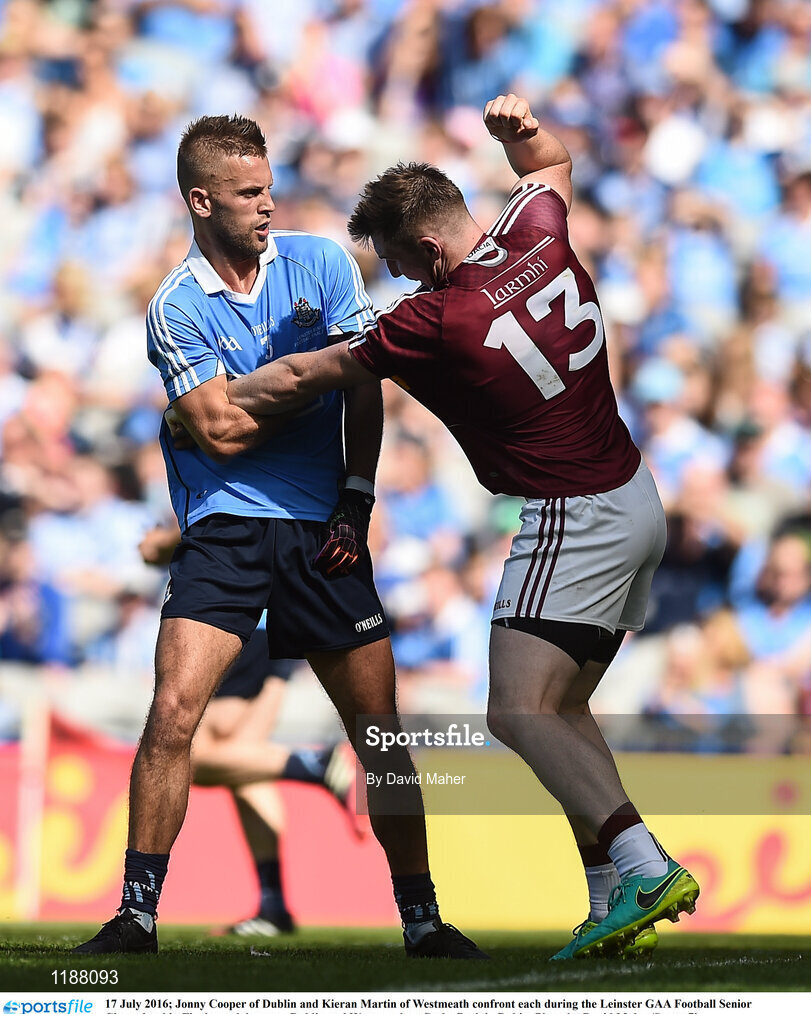17 July 2016; Jonny Cooper of Dublin and Kieran Martin of Westmeath confront each during the Leinster GAA Football Senior Championship Final match between Dublin and Westmeath at Croke Park in Dubin. Photo by David Maher/Sportsfile