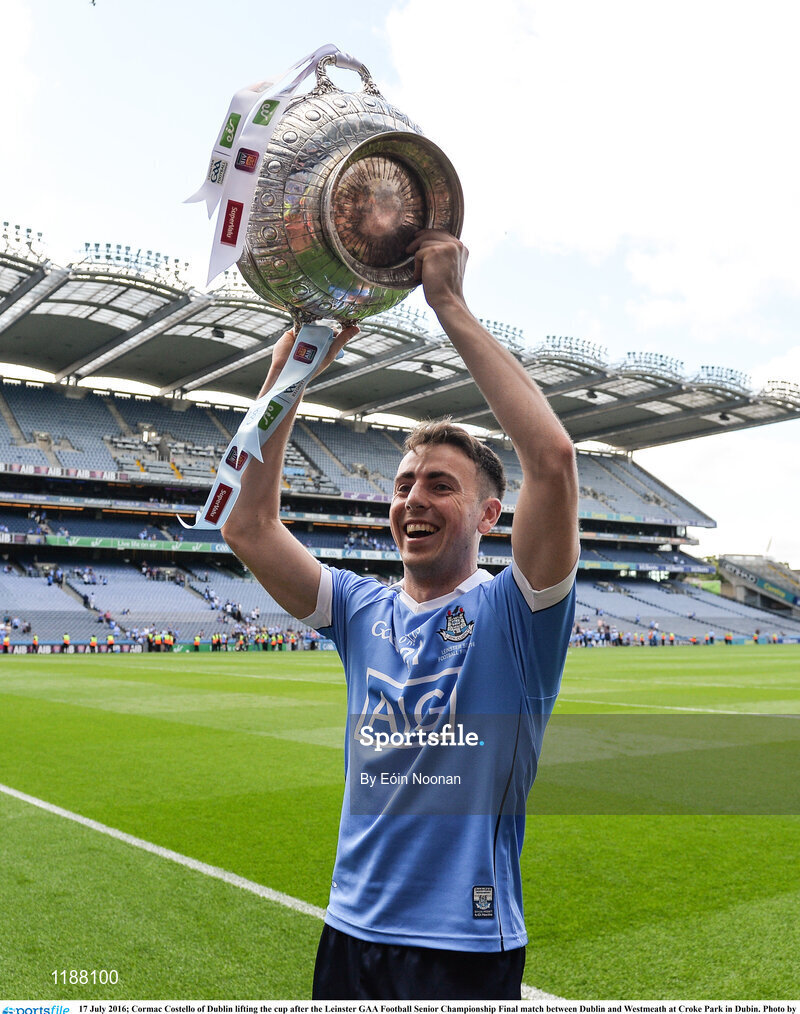 17 July 2016; Cormac Costello of Dublin lifting the cup after the Leinster GAA Football Senior Championship Final match between Dublin and Westmeath at Croke Park in Dubin. Photo by Eóin Noonan/Sportsfile