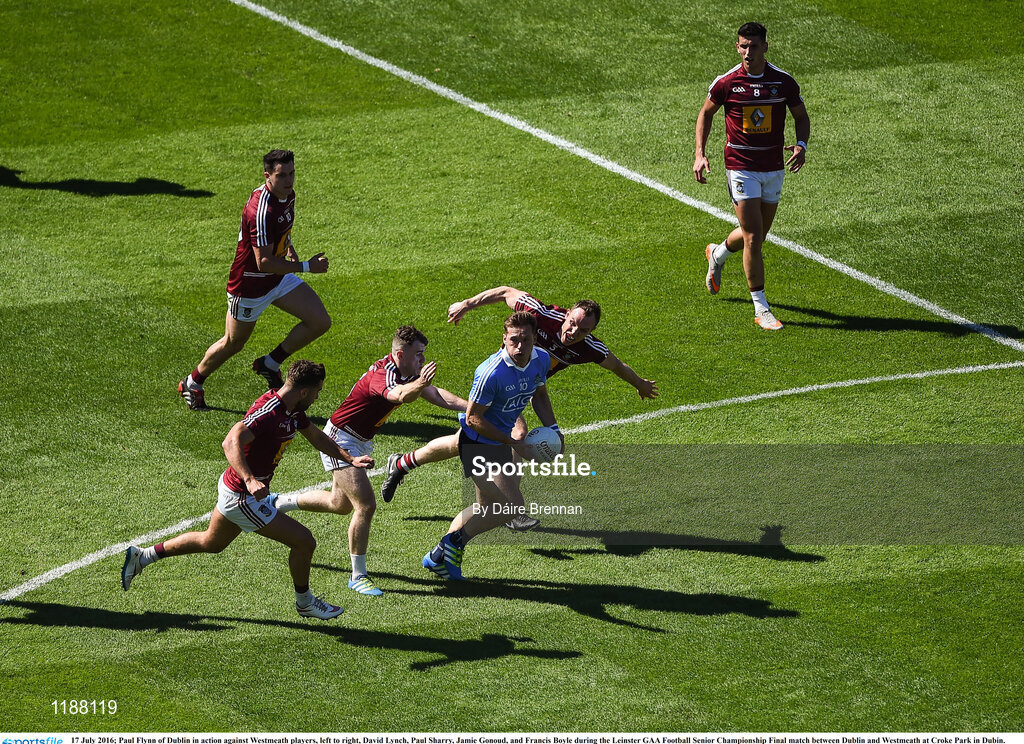 17 July 2016; Paul Flynn of Dublin in action against Westmeath players, left to right, David Lynch, Paul Sharry, Jamie Gonoud, and Francis Boyle during the Leinster GAA Football Senior Championship Final match between Dublin and Westmeath at Croke Park in Dubin. Photo by Daire Brennan/Sportsfile