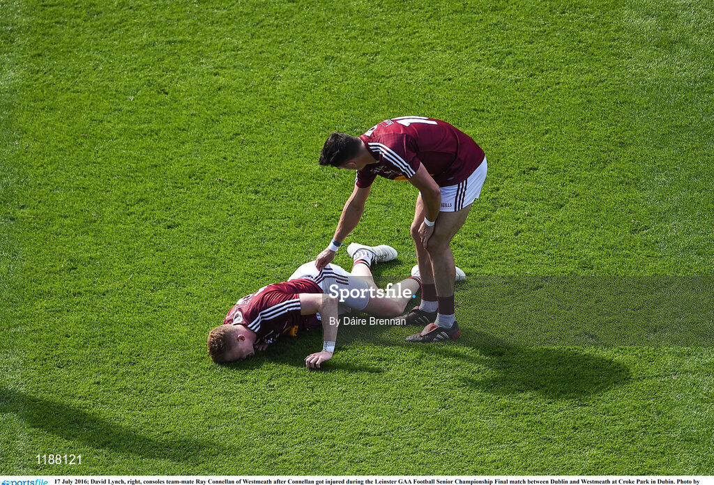 17 July 2016; David Lynch, right, consoles team-mate Ray Connellan of Westmeath after Connellan got injured during the Leinster GAA Football Senior Championship Final match between Dublin and Westmeath at Croke Park in Dubin. Photo by Daire Brennan/Sportsfile