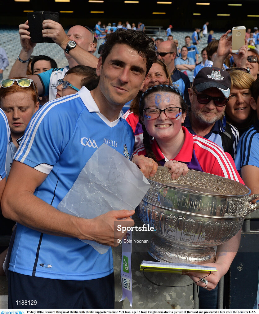 17 July 2016; Bernard Brogan of Dublin with Dublin supporter Saoirse McClean, age 15 from Finglas who drew a picture of Bernard and presented it him after the Leinster GAA Football Senior Championship Final match between Dublin and Westmeath at Croke Park in Dubin. Photo by Eóin Noonan/Sportsfile