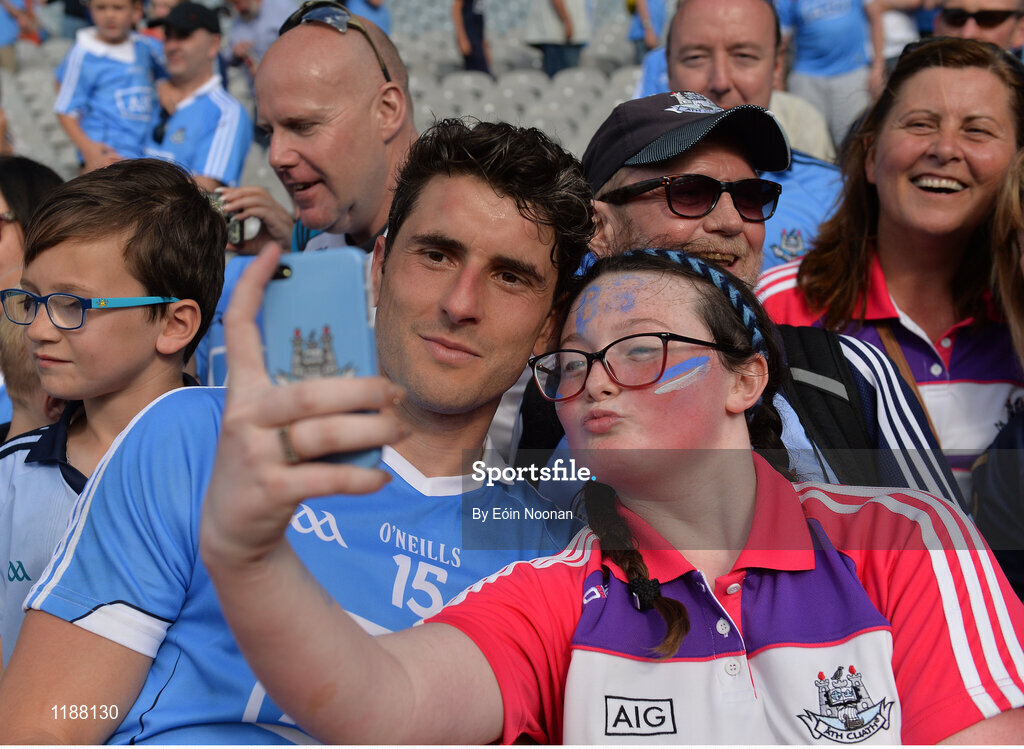 17 July 2016; Bernard Brogan of Dublin poses for a selfie with Dublin supporter Saoirse McClean, age 15 from Finglas the Leinster GAA Football Senior Championship Final match between Dublin and Westmeath at Croke Park in Dubin. Photo by Eóin Noonan/Sportsfile