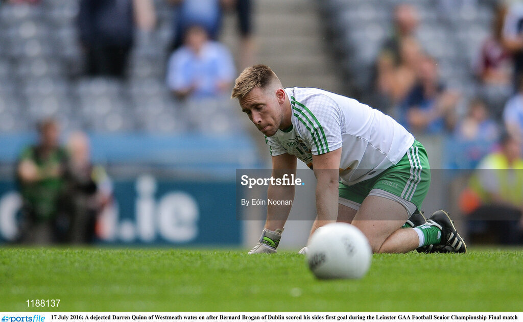 17 July 2016; A dejected Darren Quinn of Westmeath wates on after Bernard Brogan of Dublin scored his sides first goal during the Leinster GAA Football Senior Championship Final match between Dublin and Westmeath at Croke Park in Dubin. Photo by Eóin Noonan/Sportsfile