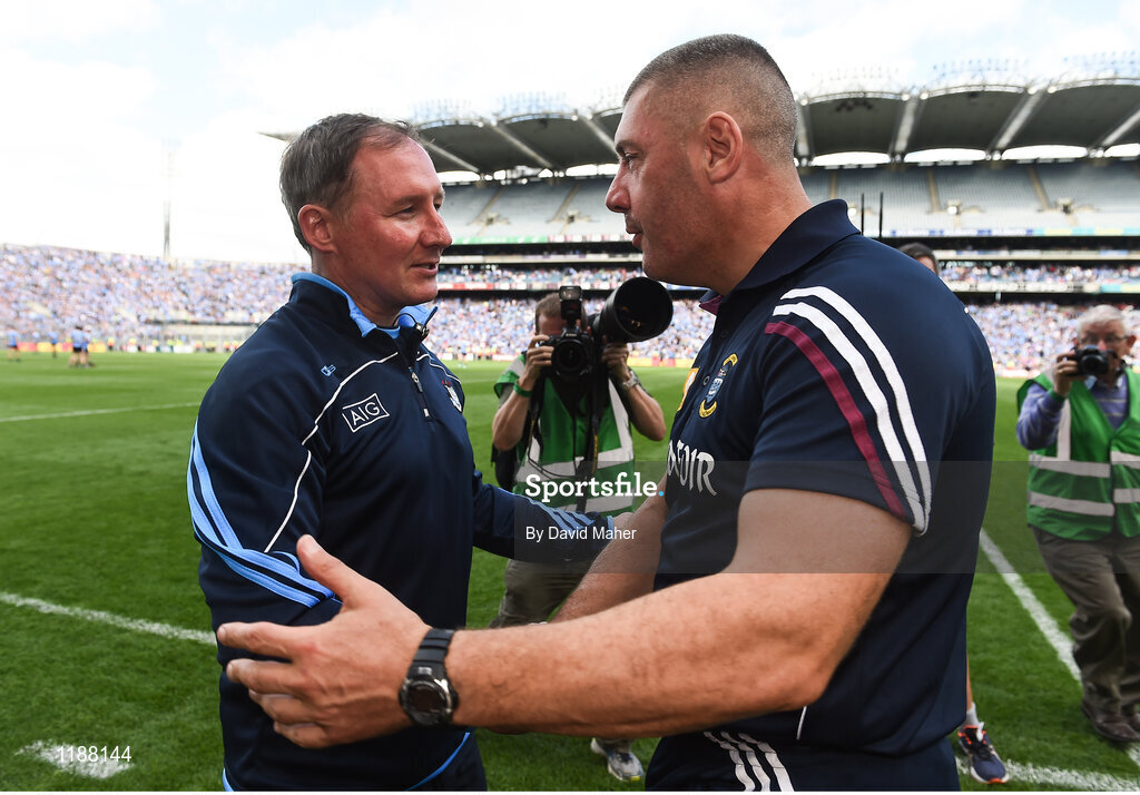 17 July 2016;  Dublin manager Jim Gavin shakes hands with Westmeath manager Tom Cribbin at the end of the Leinster GAA Football Senior Championship Final match between Dublin and Westmeath at Croke Park in Dubin. Photo by David Maher/Sportsfile