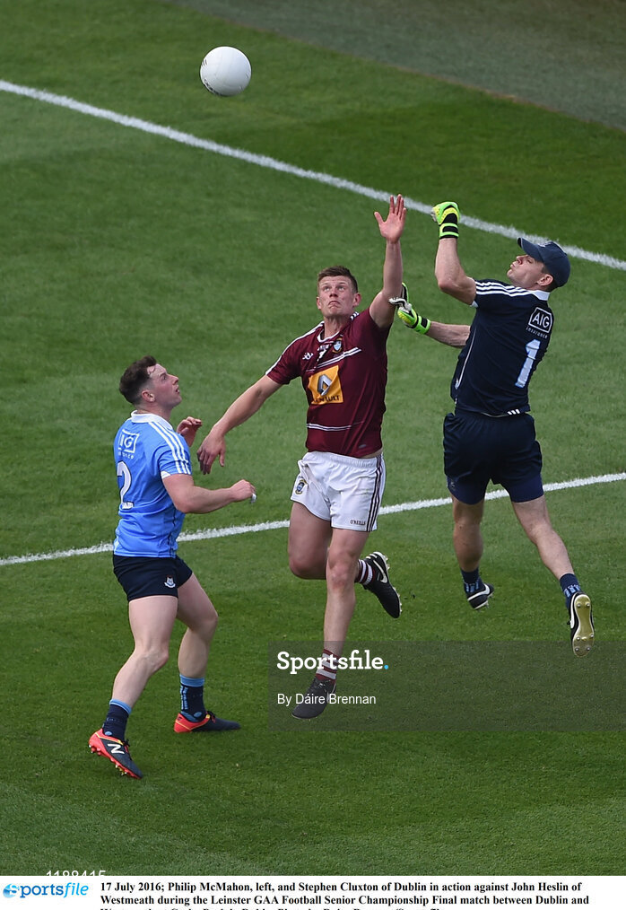 17 July 2016; Philip McMahon, left, and Stephen Cluxton of Dublin in action against John Heslin of Westmeath during the Leinster GAA Football Senior Championship Final match between Dublin and Westmeath at Croke Park in Dubin. Photo by Daire Brennan/Sportsfile