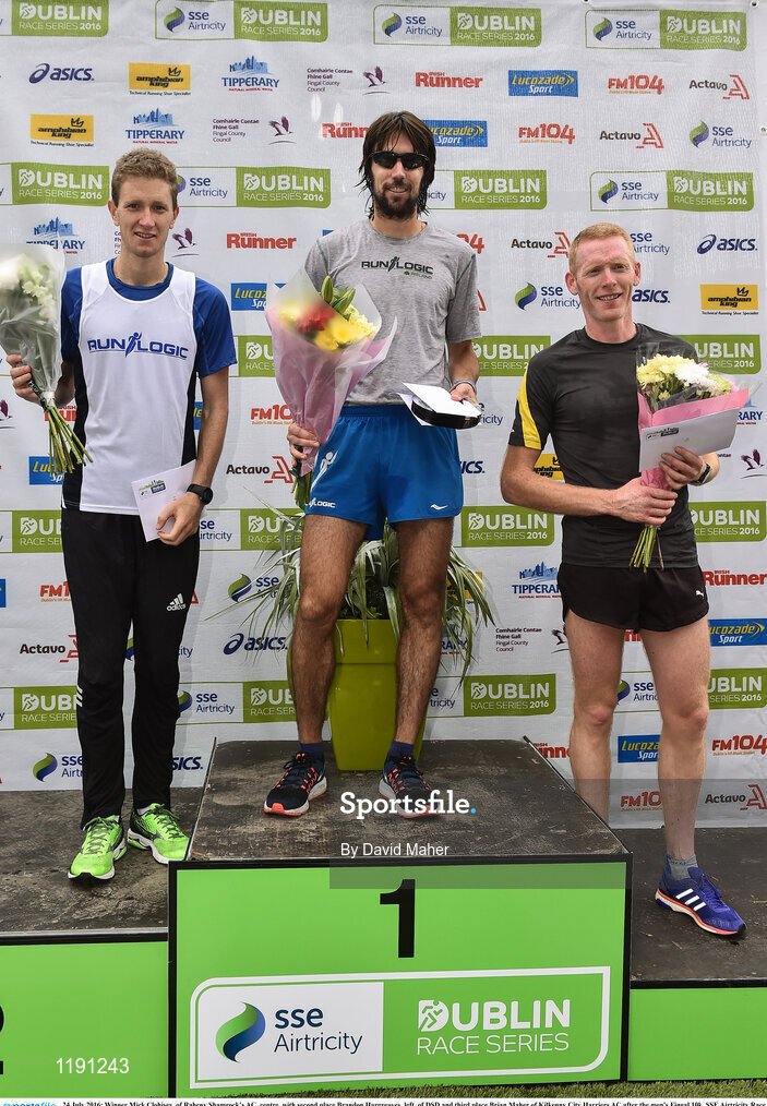 24 July 2016; Winner Mick Clohisey, of Raheny Shamrock’s AC, centre, with second place Brandon Hargreaves, left, of DSD and third place Brian Maher of Kilkenny City Harriers AC after the men's Fingal 10k, SSE Airtricity Race Series 2 in Swords, Co Dublin. Photo by David Maher/Sportsfile