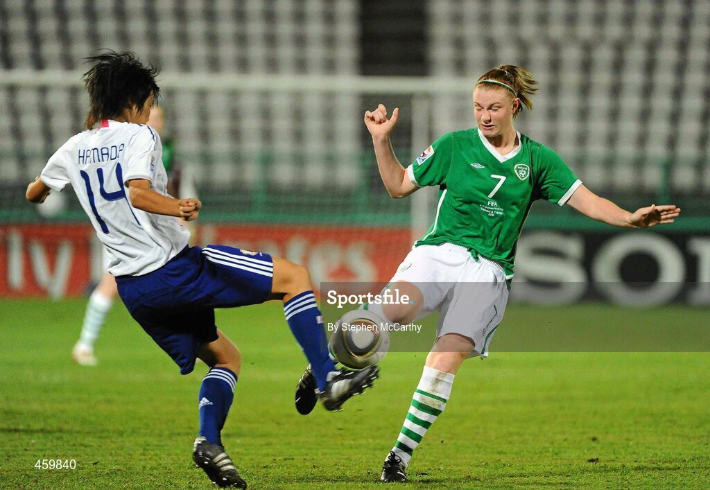 17 September 2010; Aileen Gilroy, Republic of Ireland, in action against Haruka Hamada, Japan. FIFA U-17 Women’s World Cup Quarter-Final, Republic of Ireland v Japan, Larry Gomes Stadium, Arima, Trinidad, Trinidad & Tobago. Picture credit: Stephen McCarthy / SPORTSFILE