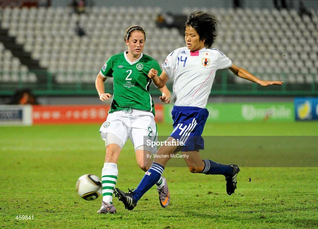 17 September 2010; Ciara O'Brien, Republic of Ireland, in action against Haruka Hamada, Japan. FIFA U-17 Women’s World Cup Quarter-Final, Republic of Ireland v Japan, Larry Gomes Stadium, Arima, Trinidad, Trinidad & Tobago. Picture credit: Stephen McCarthy / SPORTSFILE