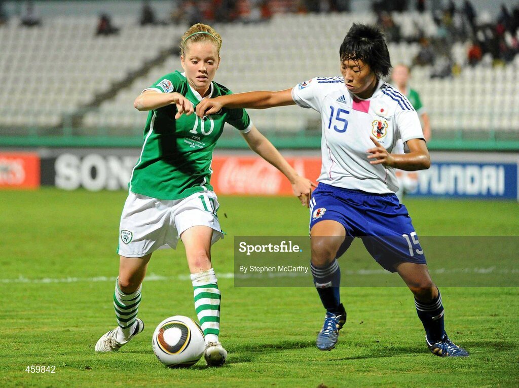 17 September 2010; Denise O'Sullivan, Republic of Ireland, in action against Hikari Takagi, Japan. FIFA U-17 Women’s World Cup Quarter-Final, Republic of Ireland v Japan, Larry Gomes Stadium, Arima, Trinidad, Trinidad & Tobago. Picture credit: Stephen McCarthy / SPORTSFILE