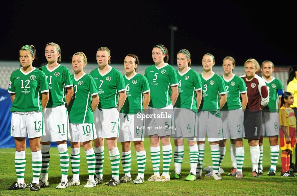 17 September 2010; Republic of Ireland players during the national anthem. FIFA U-17 Women’s World Cup Quarter-Final, Republic of Ireland v Japan, Larry Gomes Stadium, Arima, Trinidad, Trinidad & Tobago. Picture credit: Stephen McCarthy / SPORTSFILE