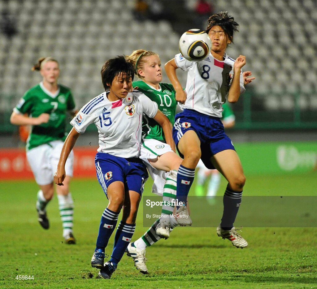 17 September 2010; Denise O'Sullivan, Republic of Ireland, in action against Hikari Takagi, left, and Yoko Tanaka, Japan. FIFA U-17 Women’s World Cup Quarter-Final, Republic of Ireland v Japan, Larry Gomes Stadium, Arima, Trinidad, Trinidad & Tobago. Picture credit: Stephen McCarthy / SPORTSFILE